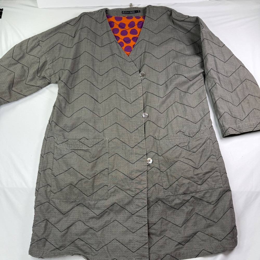 Gudrun Sjoden Grey Chevron Stitched Linen Blend Long Jacket Polka Dot Lining L